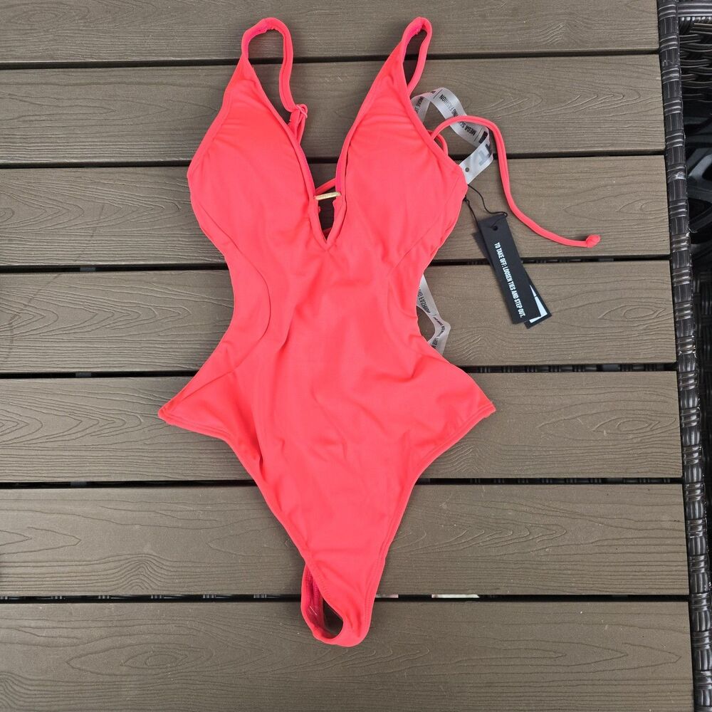 TA3 Plungy Triangle Thong Hot Coral Regular Short TorsoCorset Waist Sz XXS NEW